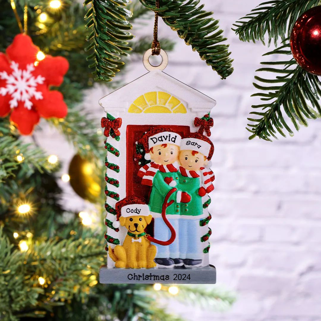 2 Names+Dog Name-Personalised Family Christmas Xmas Tree Decoration Hanging Wooden Ornament with Name-Family with Dog