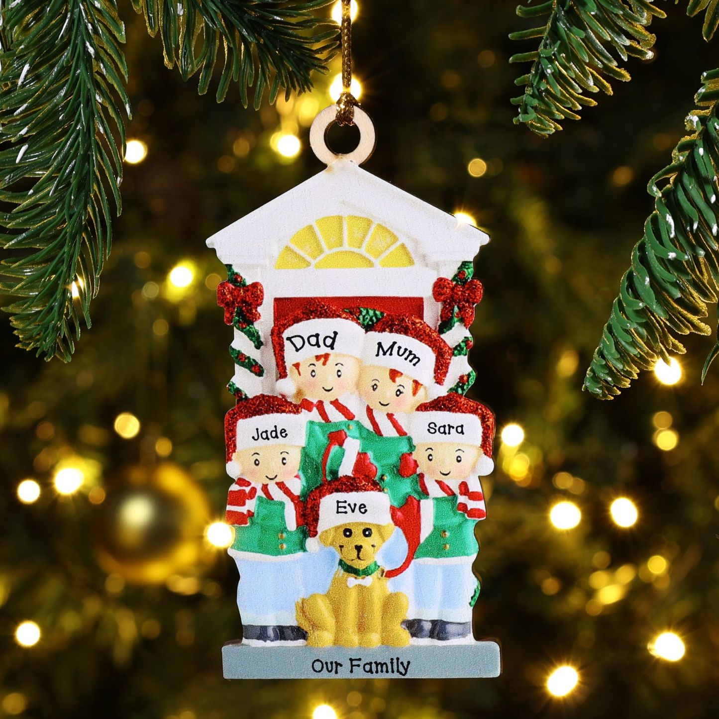 2 Names+Dog Name-Personalised Family Christmas Xmas Tree Decoration Hanging Wooden Ornament with Name-Family with Dog