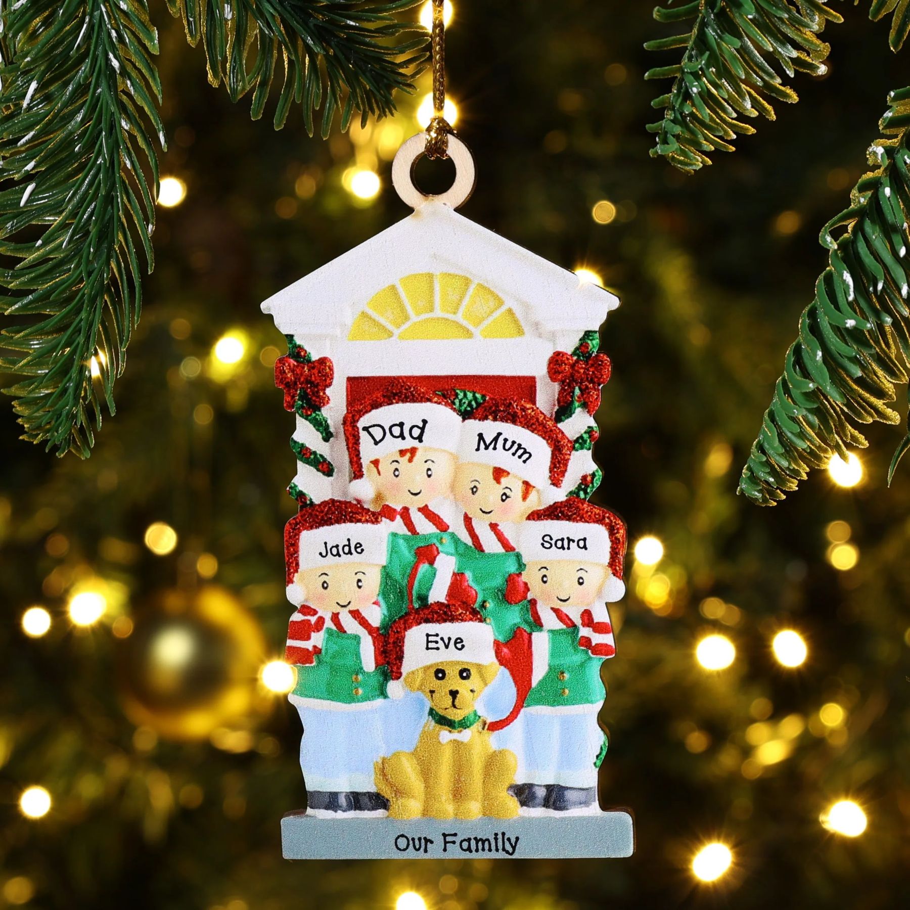 2 Names+Dog Name-Personalised Family Christmas Xmas Tree Decoration Hanging Wooden Ornament with Name-Family with Dog