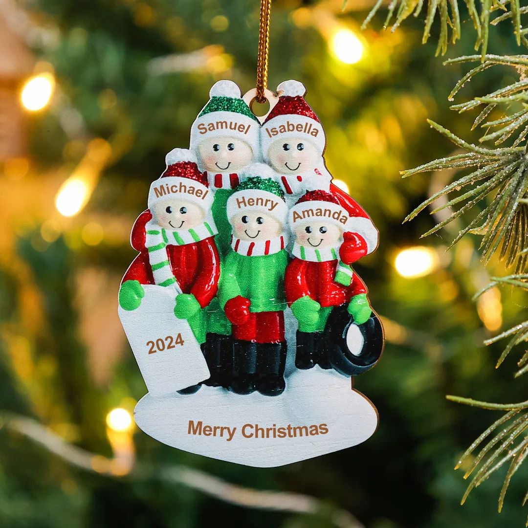 5 Names-Personalised Family Wooden Christmas Xmas Tree Decoration Ornament-Custom 5 Names And Text Hanging Ornament Gifts For Family