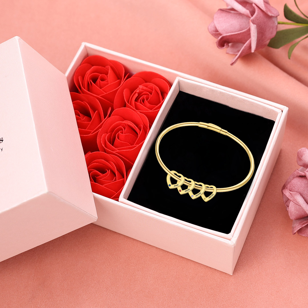 Personalised Heart Bracelet With 2-6 Birthstones Bangle Engraved Names Bracelet Gift For Women | Jessemade