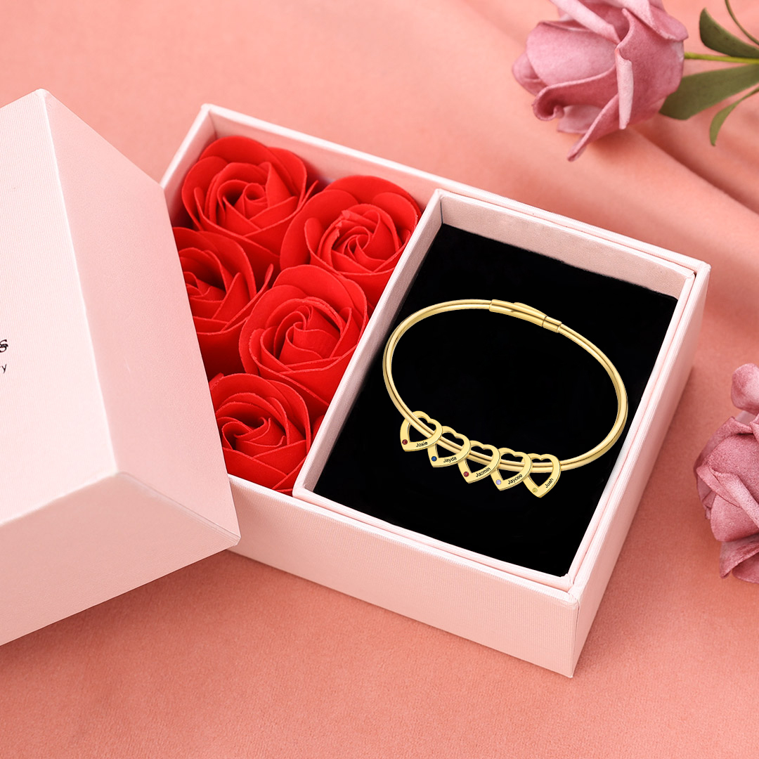 Personalised Heart Bracelet With 2-6 Birthstones Bangle Engraved Names Bracelet Gift For Women | Jessemade