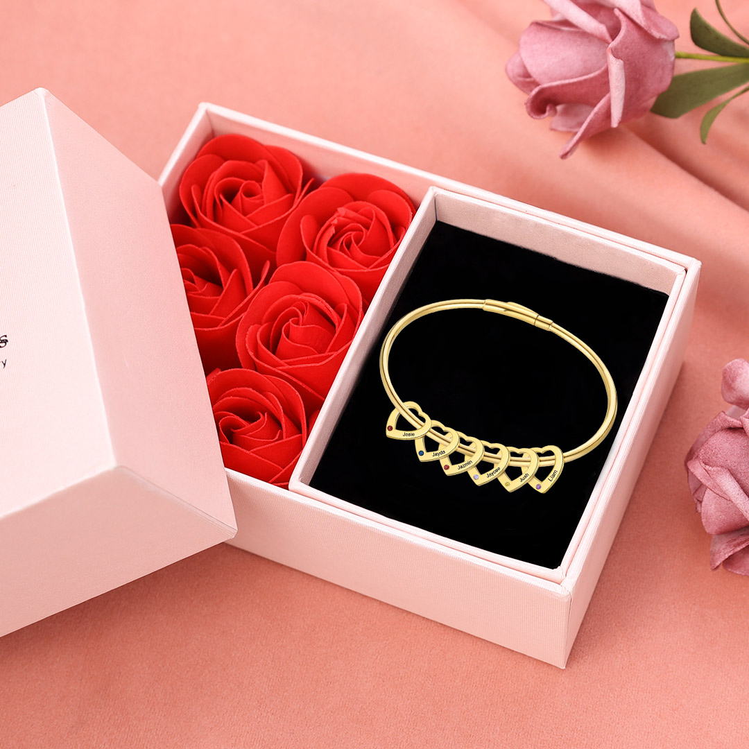 Personalised Heart Bracelet With 2-6 Birthstones Bangle Engraved Names Bracelet Gift For Women | Jessemade