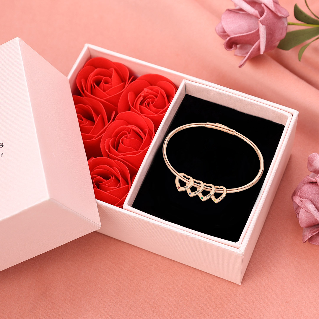 Personalised Heart Bracelet With 2-6 Birthstones Bangle Engraved Names Bracelet Gift For Women | Jessemade