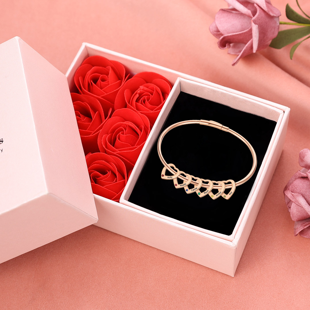 Personalised Heart Bracelet With 2-6 Birthstones Bangle Engraved Names Bracelet Gift For Women | Jessemade