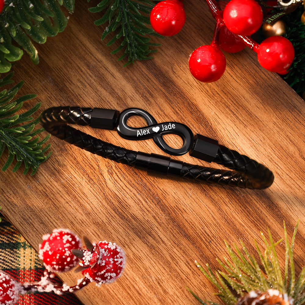 Personalised Custom Name Leather Bracelet Gift Set, Custom Name Men's Bracelet Gift for Dad