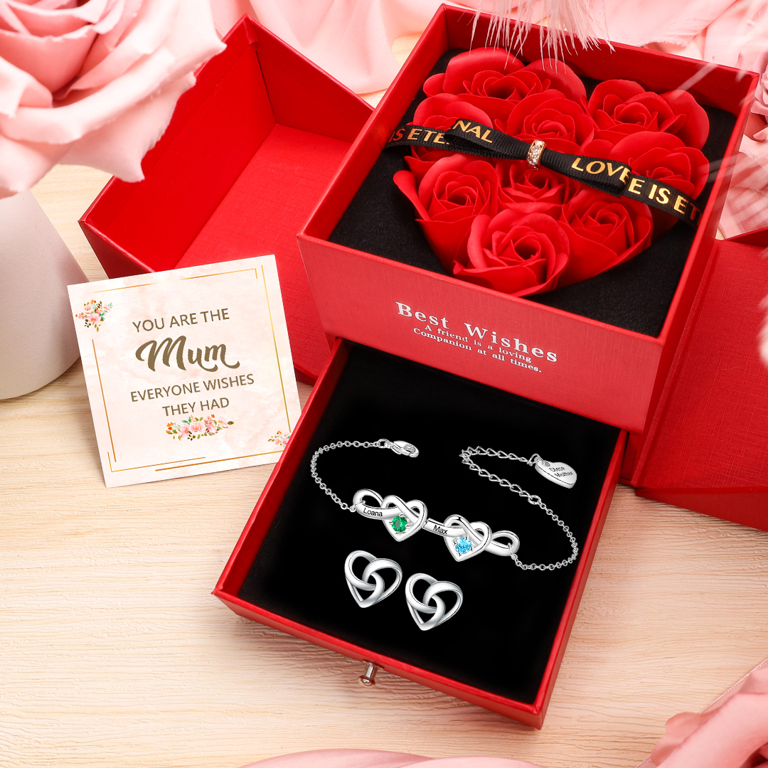 2 Names-Personalised Infinity Bracelet and Heart Earrings Gift Set – Custom Engraved Birthstone Jewellery for Mum | Jessemade