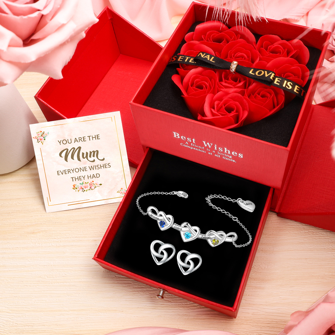 3 Names-Personalized Linked Heart Bracelet With 3 Birthstones Engraved