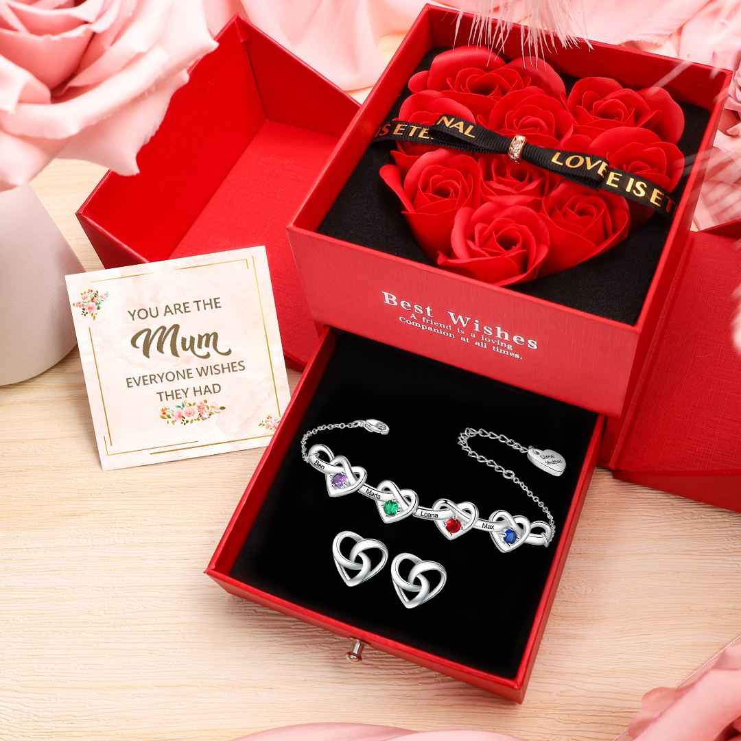 4 Names-Personalised Infinity Bracelet and Heart Earrings Gift Set – Custom Engraved Birthstone Jewellery for Mum | Jessemade