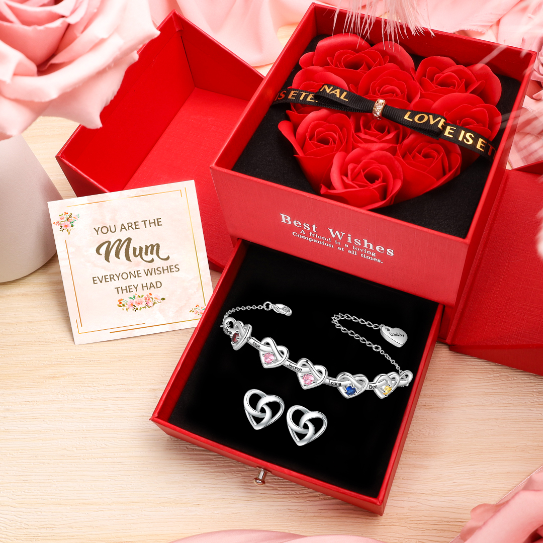 5 Names-Personalised Infinity Bracelet and Heart Earrings Gift Set – Custom Engraved Birthstone Jewellery for Mum | Jessemade
