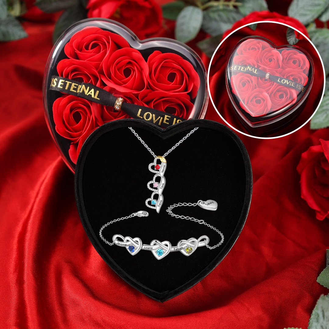 Personalised Jewellery Gift Set – Custom 3 Names & 3 Birthstones Necklace and Bracelet with Elegant Heart Box | Jessemade
