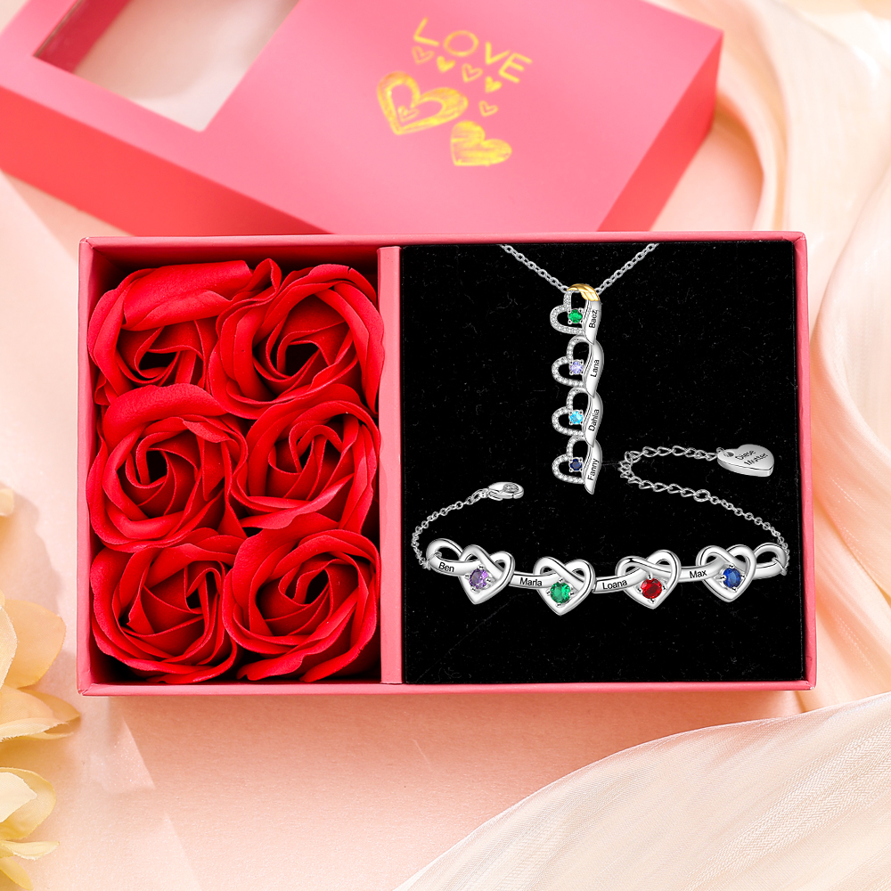 Personalised Jewellery Gift Set – Custom 4 Names & 4 Birthstones Necklace and Bracelet with Elegant Heart Box | Jessemade