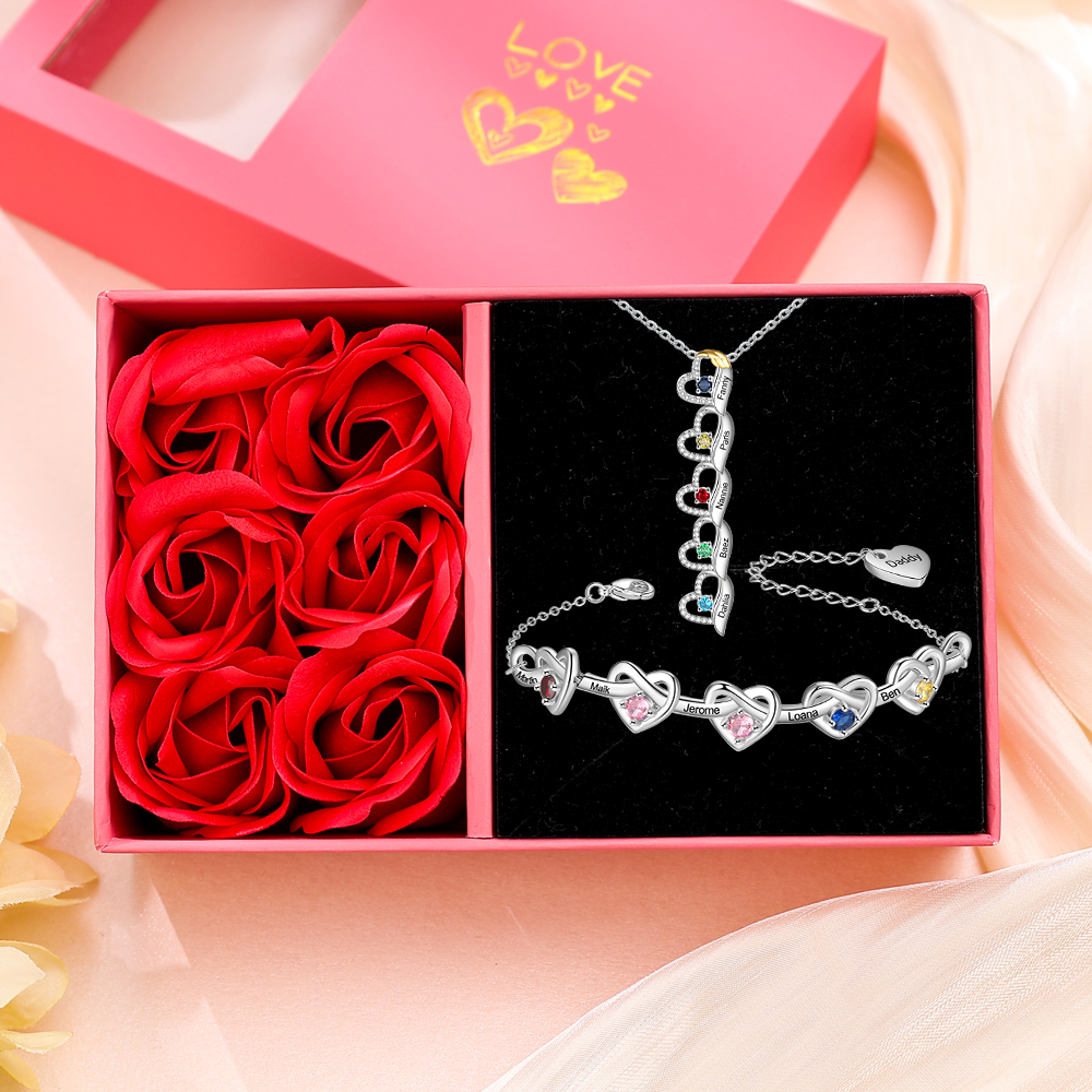 Personalised Jewellery Gift Set – Custom 5 Names & 5 Birthstones Necklace and Bracelet with Elegant Heart Box | Jessemade