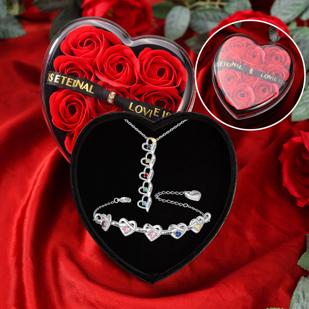 Personalised Jewellery Gift Set – Custom 5 Names & 5 Birthstones Necklace and Bracelet with Elegant Heart Box | Jessemade