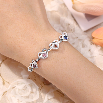 3 Names-Personalised Linked Heart Bracelet With 3 Birthstones Engraved Names And Text Bangle - Special Gift For Her