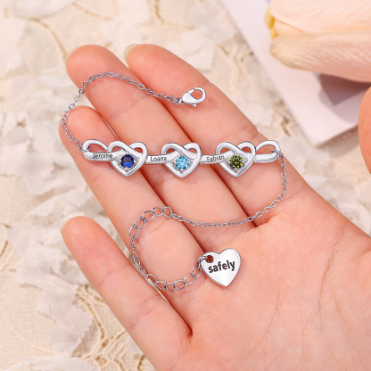 3 Names-Personalised Linked Heart Bracelet With 3 Birthstones Engraved Names And Text Bangle - Special Gift For Her