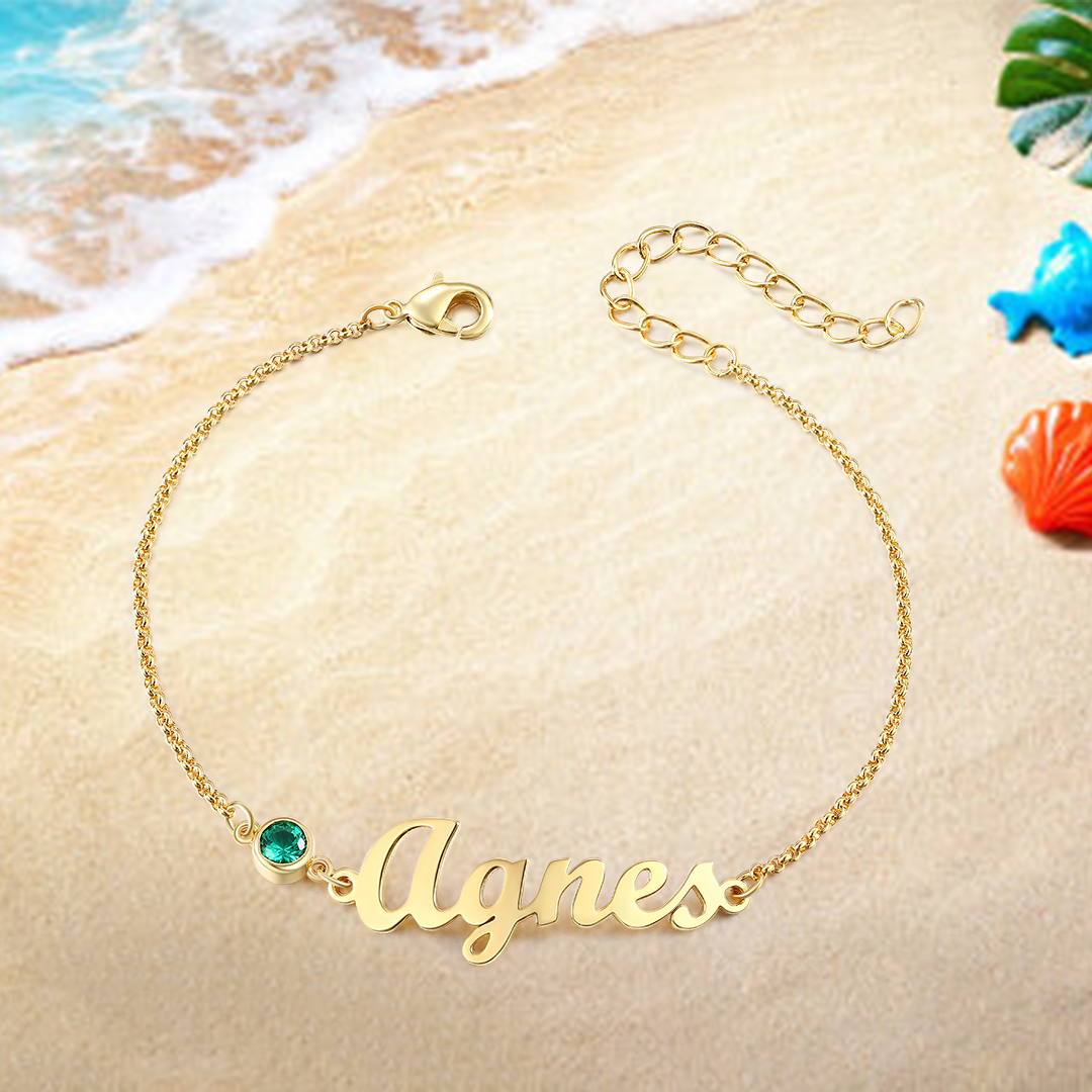 1 Name & 1 Birthstone - Personalised Birthstone Beautiful Gold Colour Name Bracelet Gift for Her | Jessemade