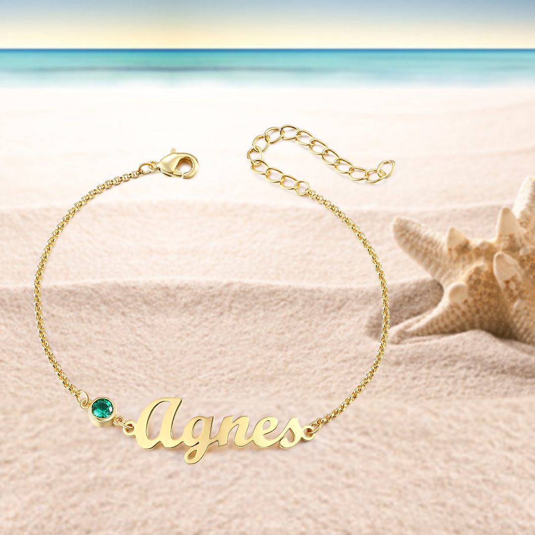 1 Name & 1 Birthstone - Personalised Birthstone Beautiful Gold Colour Name Bracelet Gift for Her | Jessemade