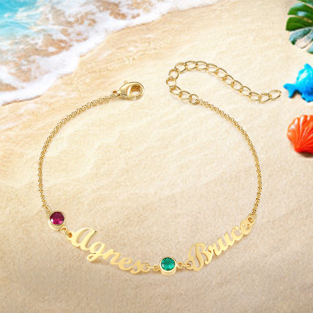 2 Names & 2 Birthstones - Personalised Birthstone Beautiful Gold Colour Name Bracelet Gift for Her | Jessemade