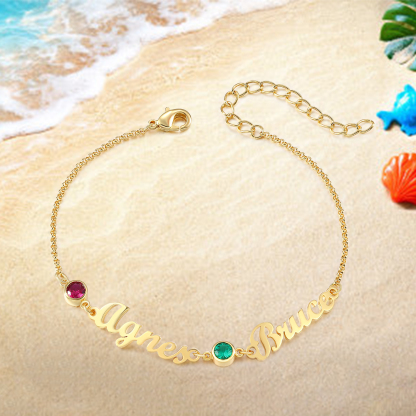 2 Names & 2 Birthstones - Personalised Birthstone Beautiful Gold Colour Name Bracelet Gift for Her | Jessemade