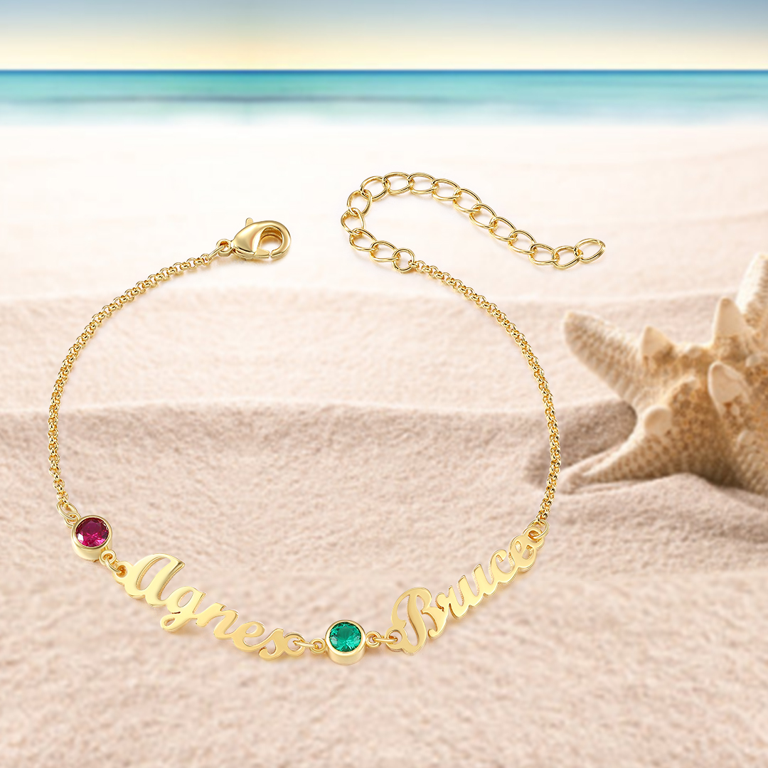 2 Names & 2 Birthstones - Personalised Birthstone Beautiful Gold Colour Name Bracelet Gift for Her | Jessemade