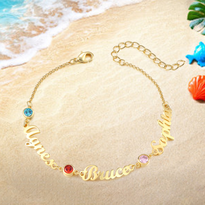 3 Names & 3 Birthstones - Personalised Birthstone Beautiful Gold Colour Name Bracelet Gift for Her | Jessemade