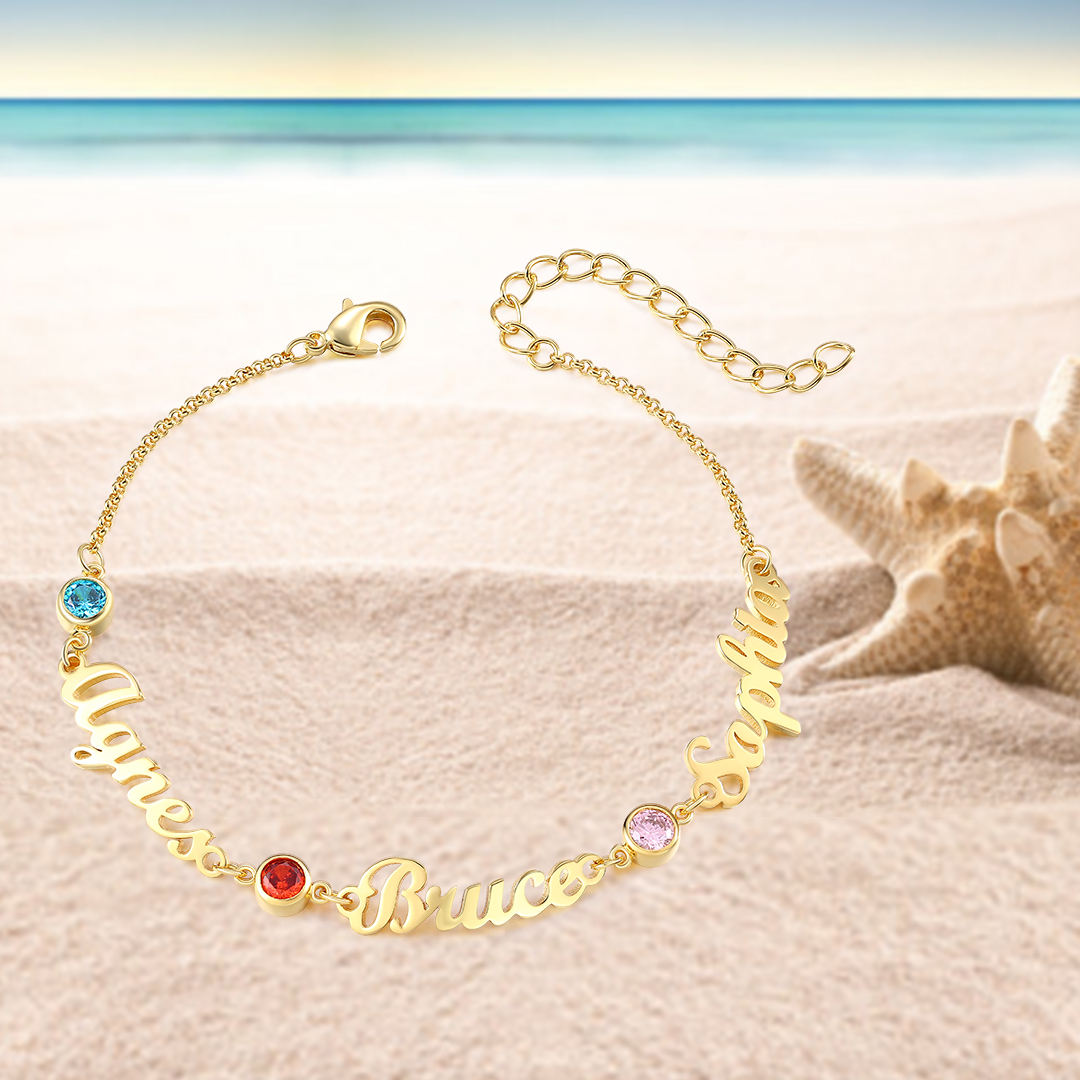 3 Names & 3 Birthstones - Personalised Birthstone Beautiful Gold Colour Name Bracelet Gift for Her | Jessemade