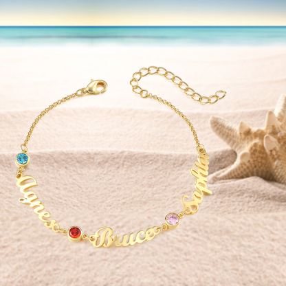 3 Names & 3 Birthstones - Personalised Birthstone Beautiful Gold Colour Name Bracelet Gift for Her | Jessemade