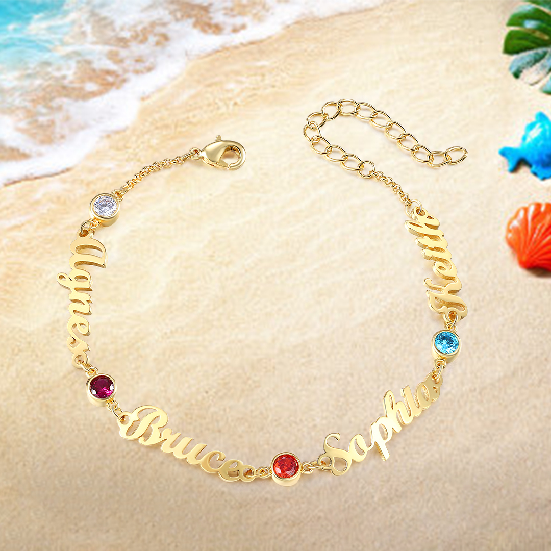 4 Names & 4 Birthstones - Personalised Birthstone Beautiful Gold Colour Name Bracelet Gift for Her | Jessemade