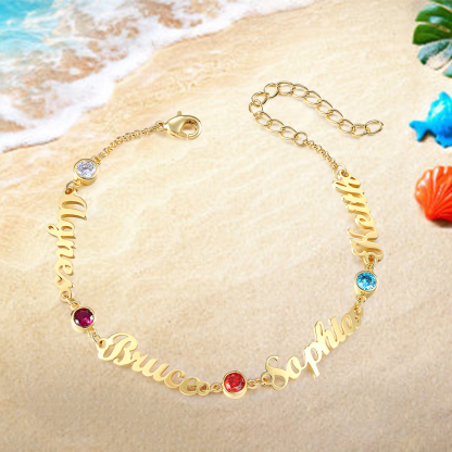 4 Names & 4 Birthstones - Personalised Birthstone Beautiful Gold Colour Name Bracelet Gift for Her | Jessemade