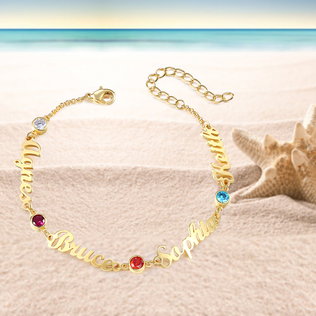 4 Names & 4 Birthstones - Personalised Birthstone Beautiful Gold Colour Name Bracelet Gift for Her | Jessemade