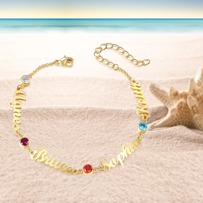4 Names & 4 Birthstones - Personalised Birthstone Beautiful Gold Colour Name Bracelet Gift for Her | Jessemade
