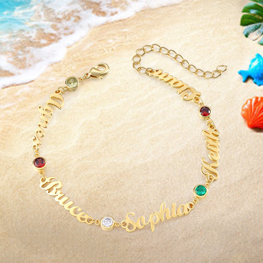 5 Names & 5 Birthstones - Personalised Birthstone Beautiful Gold Colour Name Bracelet Gift for Her | Jessemade