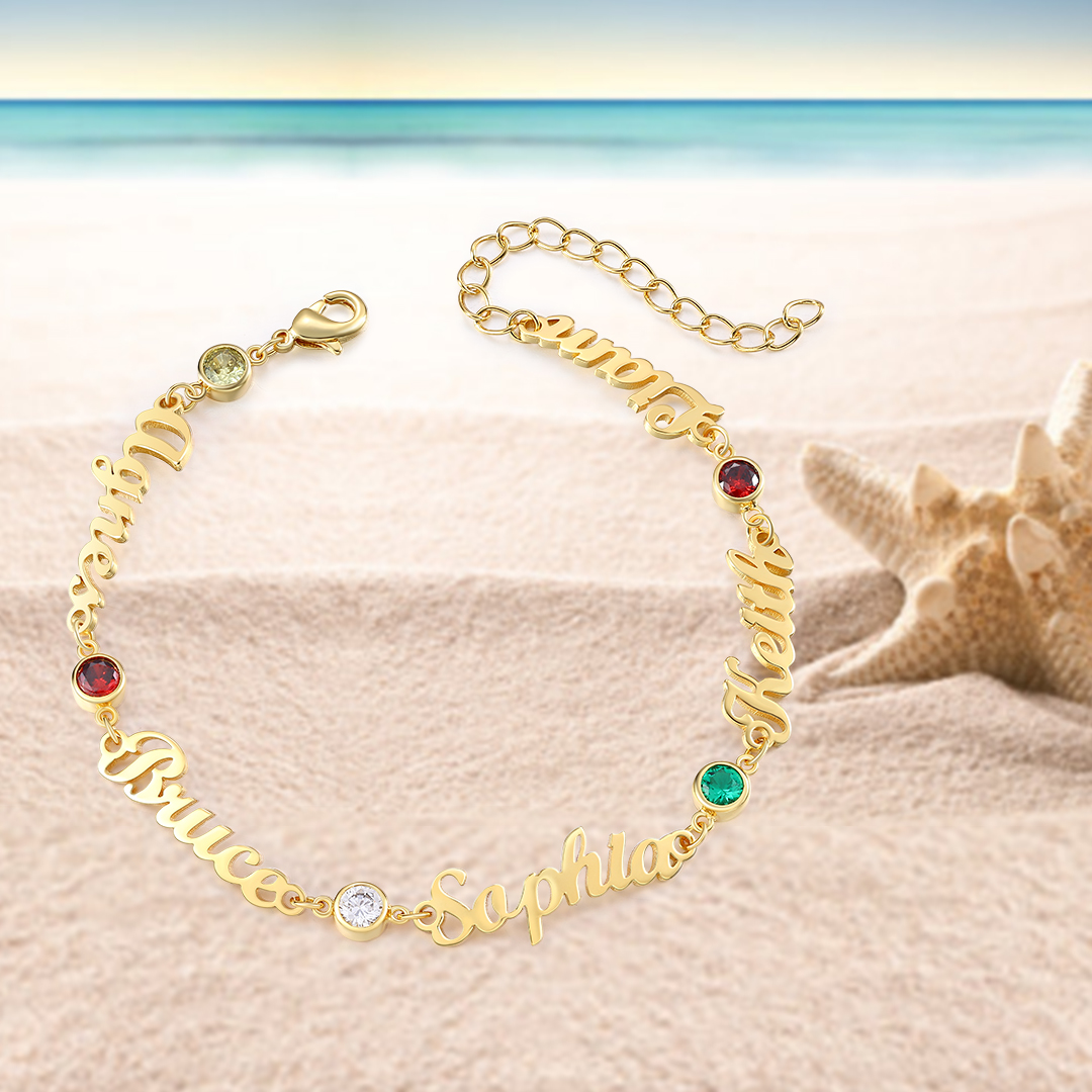 5 Names & 5 Birthstones - Personalised Birthstone Beautiful Gold Colour Name Bracelet Gift for Her | Jessemade