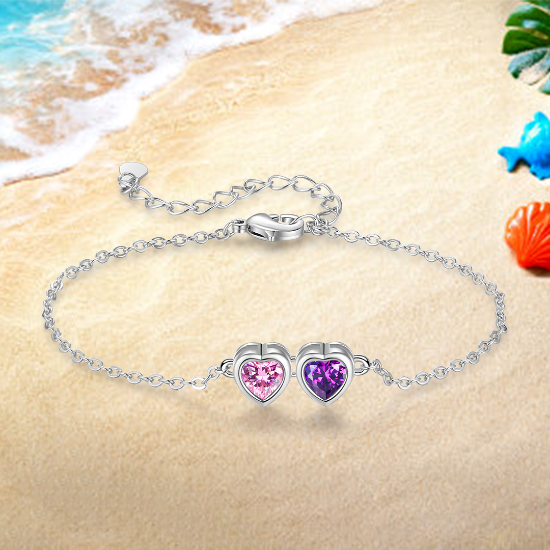 Personalised Women's Birthstone Bracelet with 2 Birthstones, Heart Pendant Design Gift for Her | Jessemade