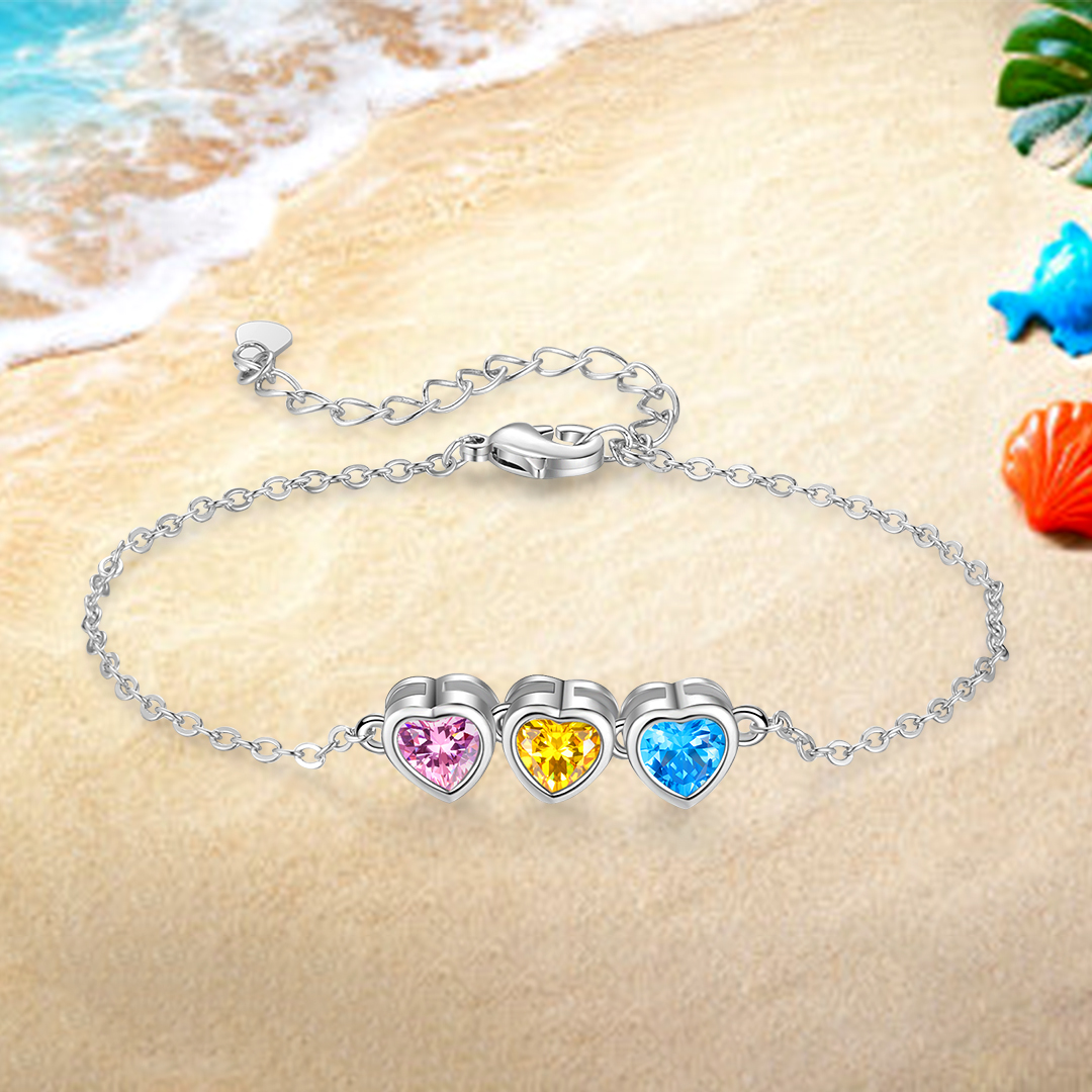 Personalised Women's Birthstone Bracelet with 3 Birthstones, Heart Pendant Design Gift for Her | Jessemade