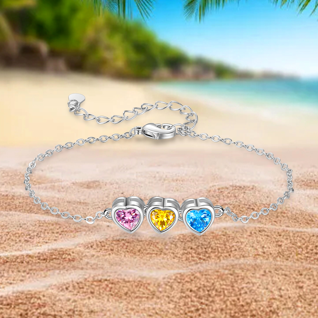 Personalised Women's Birthstone Bracelet with 3 Birthstones, Heart Pendant Design Gift for Her | Jessemade