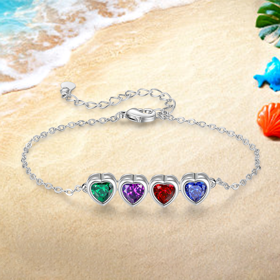 Personalised Women's Birthstone Bracelet with 4 Birthstones, Heart Pendant Design Gift for Her | Jessemade