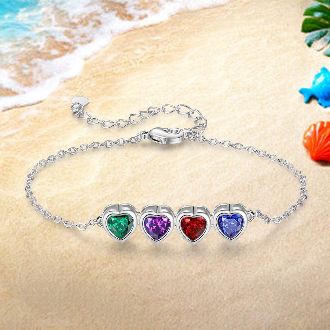 Personalised Women's Birthstone Bracelet with 4 Birthstones, Heart Pendant Design Gift for Her | Jessemade