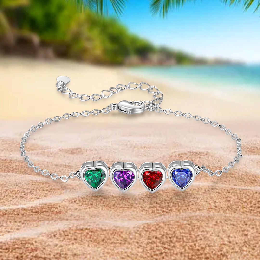 Personalised Women's Birthstone Bracelet with 4 Birthstones, Heart Pendant Design Gift for Her | Jessemade
