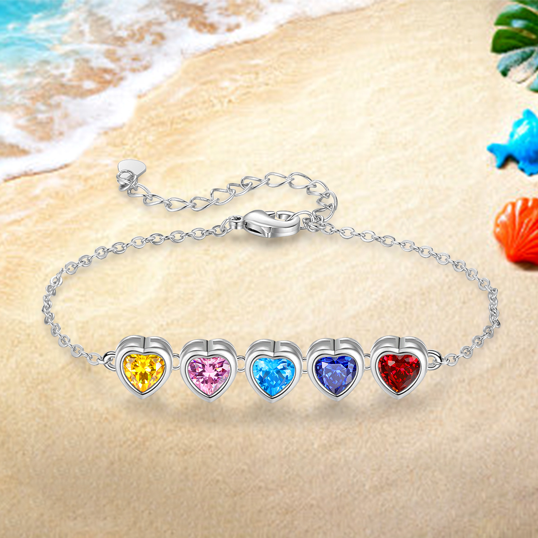 Personalised Women's Birthstone Bracelet with 5 Birthstones, Heart Pendant Design Gift for Her | Jessemade