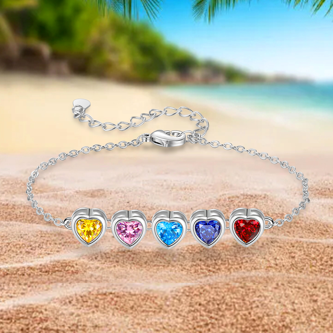 Personalised Women's Birthstone Bracelet with 5 Birthstones, Heart Pendant Design Gift for Her | Jessemade