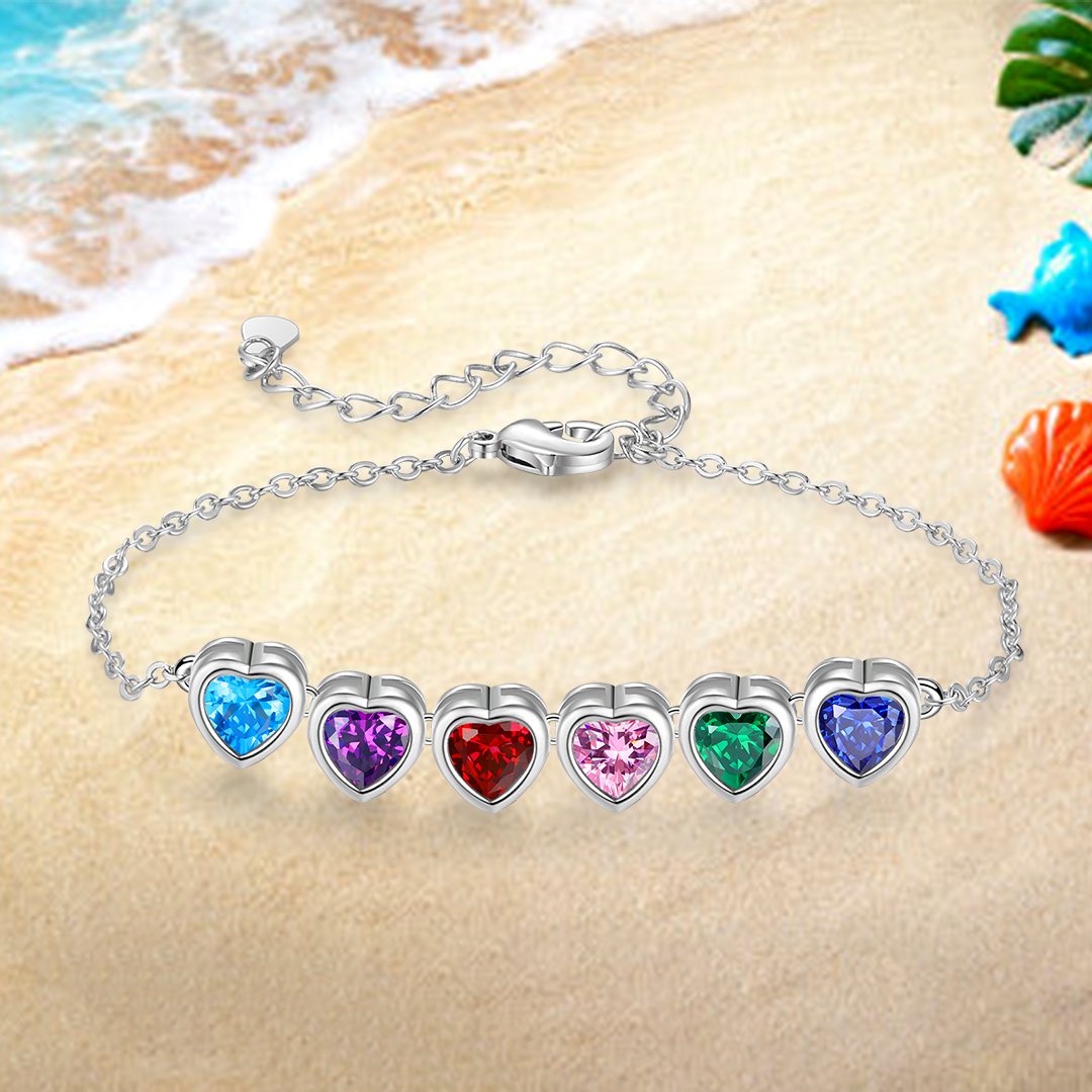 Personalised Women's Birthstone Bracelet with 6 Birthstones, Heart Pendant Design Gift for Her | Jessemade