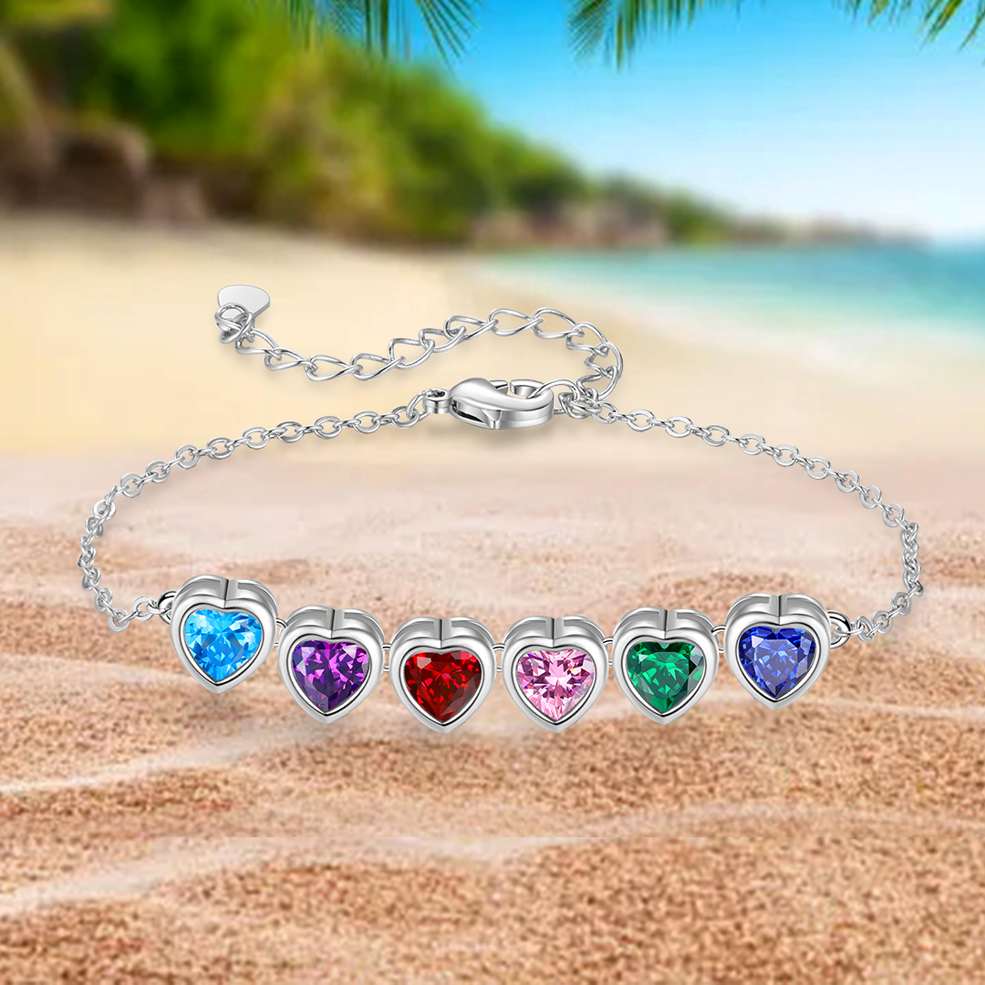 Personalised Women's Birthstone Bracelet with 6 Birthstones, Heart Pendant Design Gift for Her | Jessemade