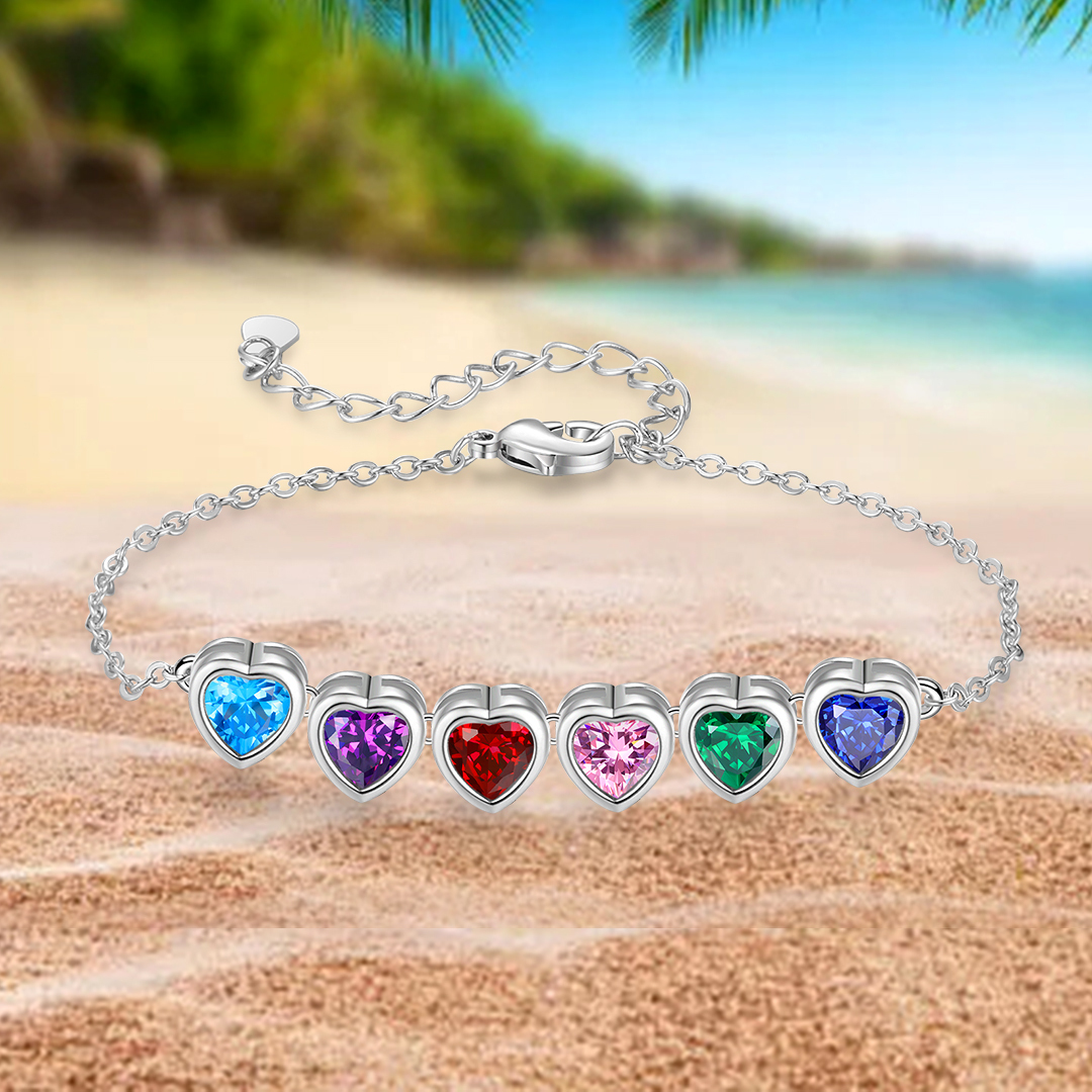 Personalised Women's Birthstone Bracelet with 6 Birthstones, Heart Pendant Design Gift for Her | Jessemade