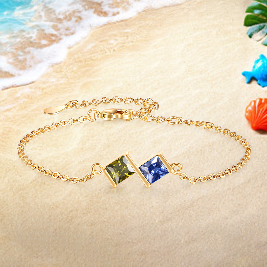 2 Birthstones Personalised Women's Birthstone Bracelet, Square Pendant Design Gift for Her | Jessemade