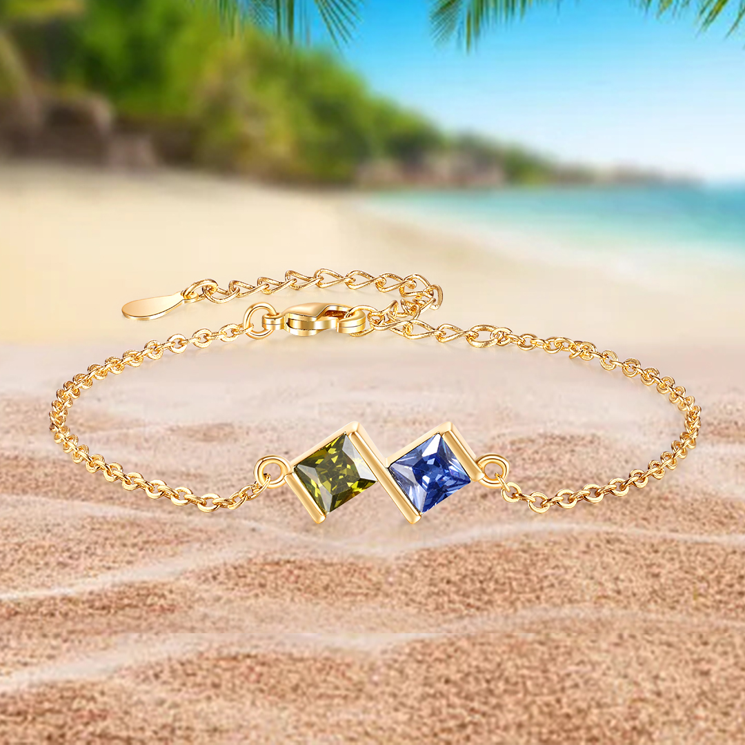 2 Birthstones Personalised Women's Birthstone Bracelet, Square Pendant Design Gift for Her | Jessemade