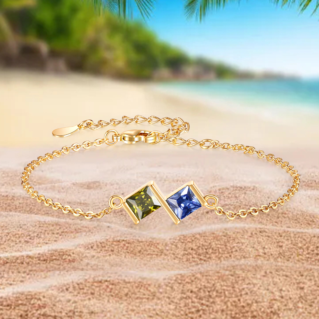 2 Birthstones Personalised Women's Birthstone Bracelet, Square Pendant Design Gift for Her | Jessemade