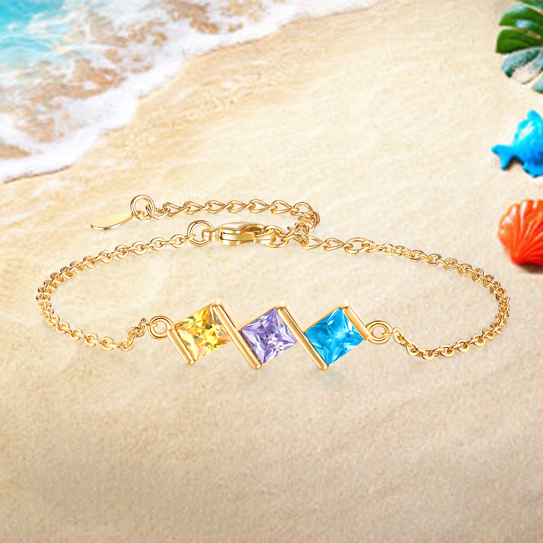 3 Birthstones Personalised Women's Birthstone Bracelet, Square Pendant Design Gift for Her | Jessemade