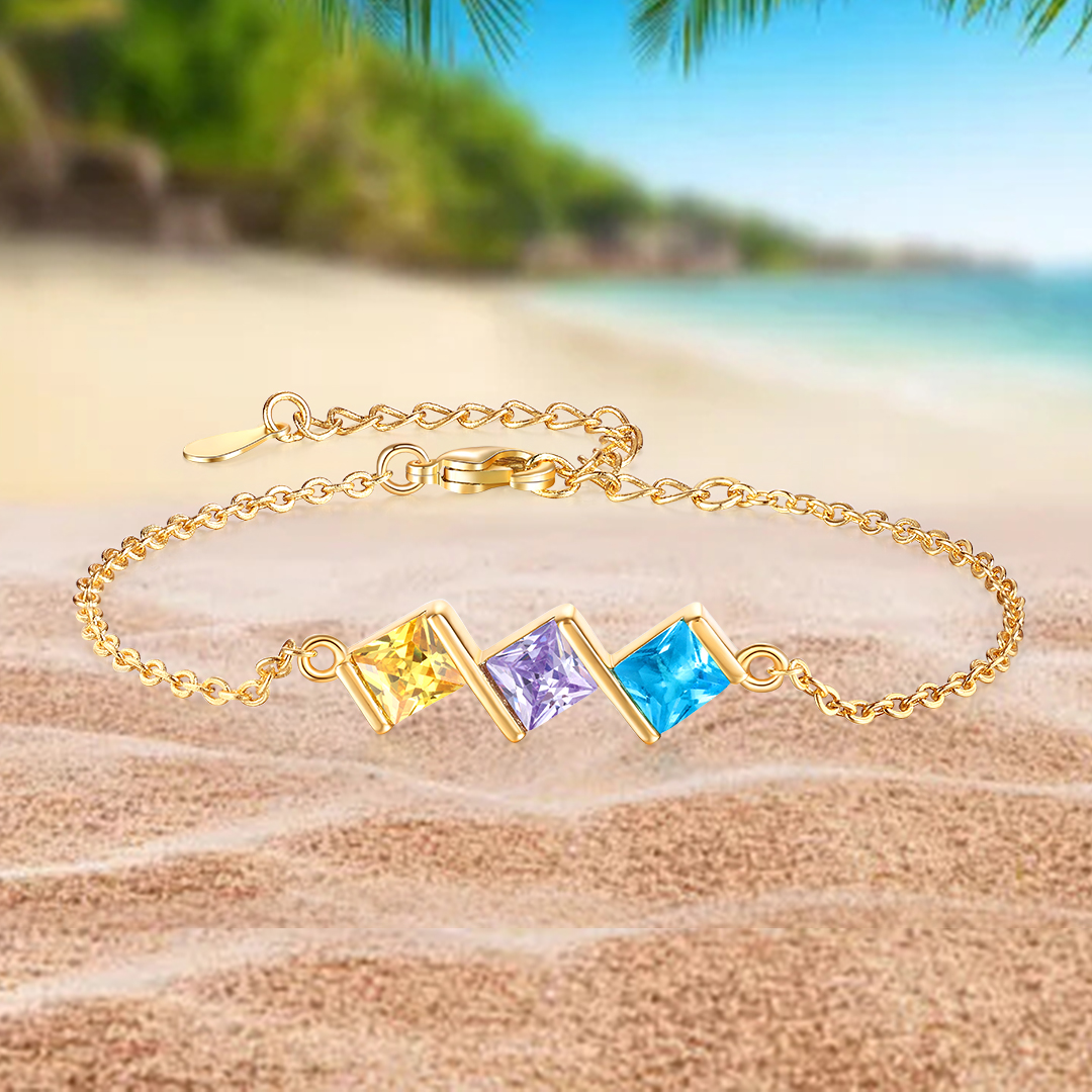 3 Birthstones Personalised Women's Birthstone Bracelet, Square Pendant Design Gift for Her | Jessemade